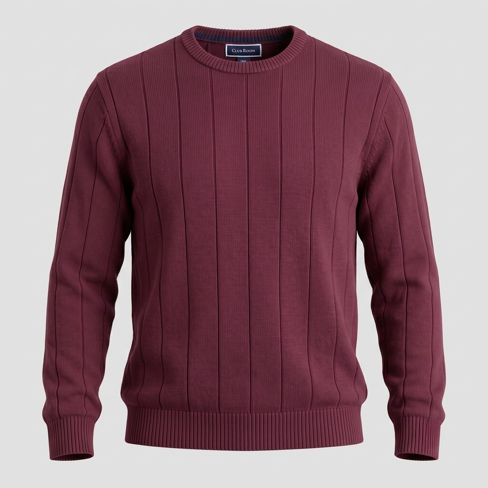 Club Room Mens Large Burgundy Sweater Crewneck Ribbed Knit 100% Cotton